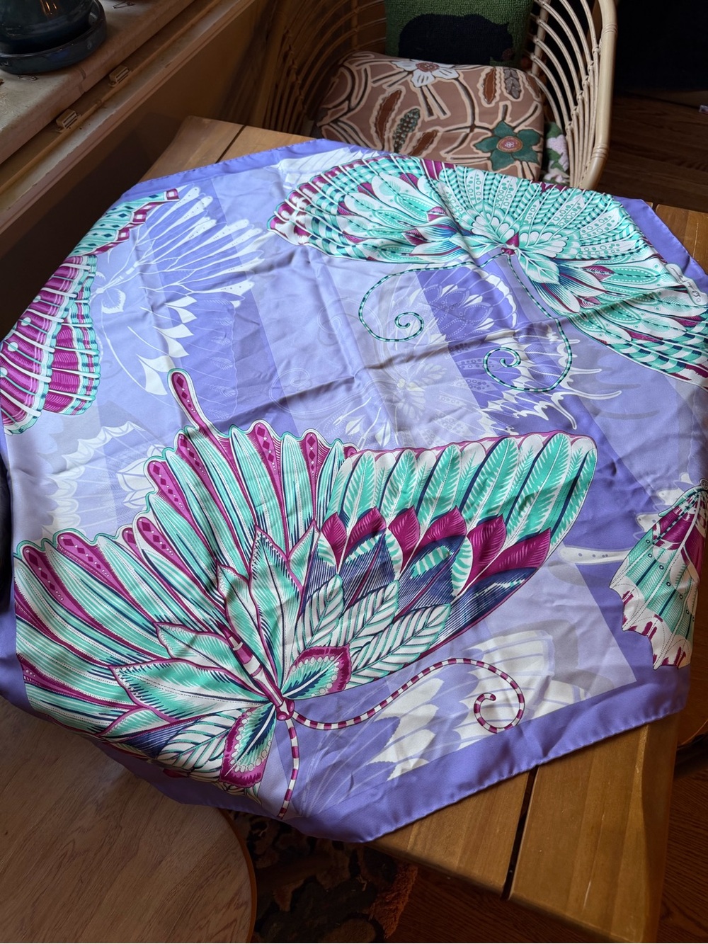 Salvatore Ferragamo Silk Purple Scarf with Teal and Magenta Butterfly Motif